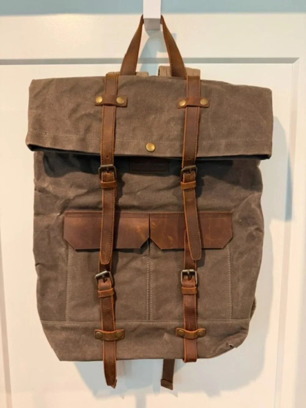 The Barrel Shack Waxed Canvas & Leather Roll Top Backpack Travel Rucksack